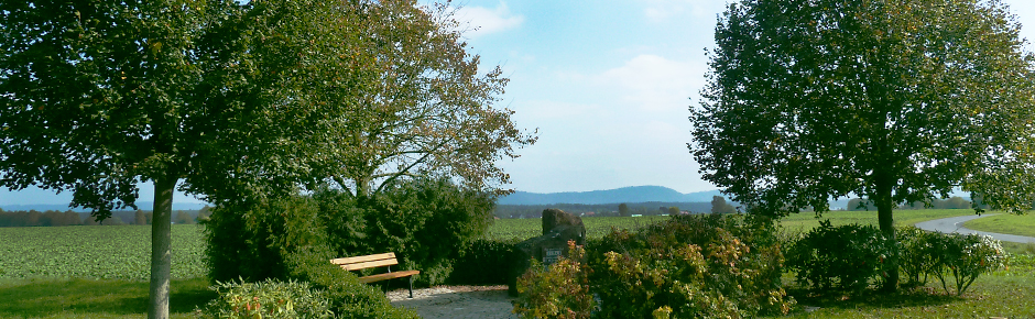 Blick auf eine mit Laubbäumen rumrandet Sitzbank mit Gedenkstein vor einer weiten grünen Wiese; im Hintergrund: das Panorama des Thüringer Waldes
