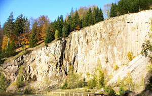 Schroffe Felswand, auf der oben ein Mischwald steht. Es ist Herbst und die Abendsonne scheint auf diese Kulisse.