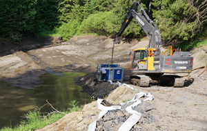 Teichsanierung: ein Bagger arbeitet an einem Teich im Wald. Das gesamte Ufer wurde neu aufgeschüttet.